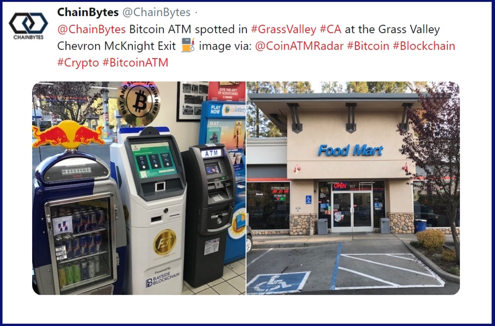 New Bitcoin ATM in California, at the Grass Valley Chevron McKnight Exit